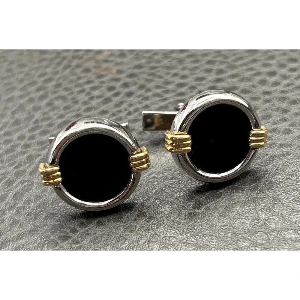 Vintage DOLAN BULLOCK Sterling Silver & 14K Mixed Metal Black Onyx Cufflinks